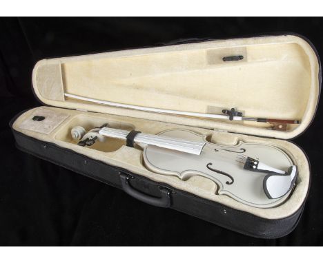 Trick, White and black painted wooden Violin in cloth carrying case as used on The Paul Daniels Magic Show BBC TV, 