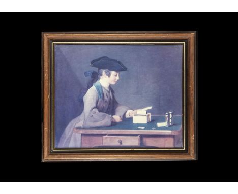 Trick, A Late 18th early 19th Century wooden framed print of a young magician in period dress seated at a  baize top card tab