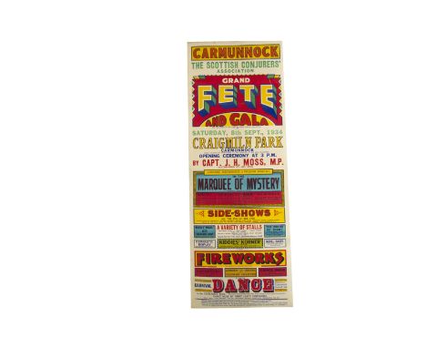 Scottish Carmunnock Fete Poster 1934 Held at Craigmiln Park Sept 1934, this is a colourful poster utilising a number of fonts