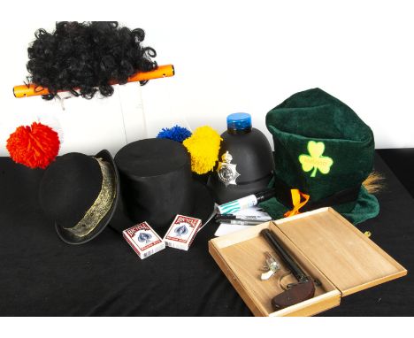Tricks, 2 items the first being the Chinese Sticks with coloured poms poms and props for a prediction trick including a selec