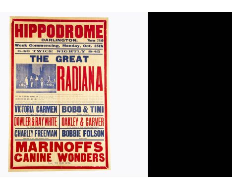 The Great Radiana Magic Poster 1926 Variety bill at the Hippodrome Darlington headlined by The Great Radiana. This was an aut