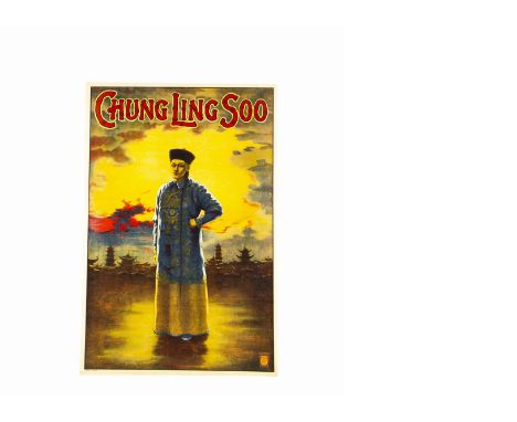 Chung Ling Soo Magic Poster c' 1910 British poster depicting the "oriental" magician in a thoughtful pose with pagodas in the