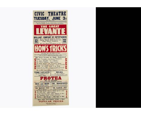 The Great Levante New Zealand Magic Poster c' 1941 For the Civic Theatre, Marton, NZ, billed as being Levante's debut perform