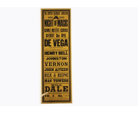 De Vega Magic Poster c' 1920's Scottish "Night Of Magic" poster for the Gamble Institute, Gourock, c' 1920's starring De Vega