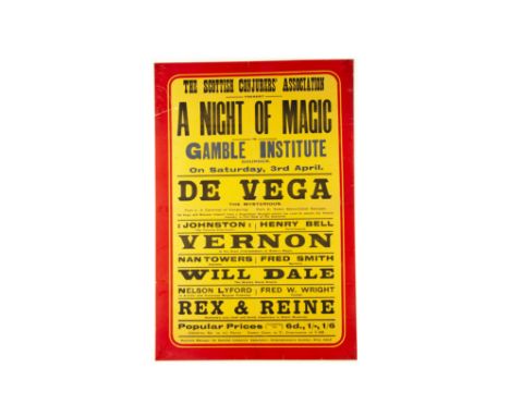 De Vega Scottish Magic Poster c' 1920's At the Gamble Institute, Gourock c' 1920's "The Mysterious" De Vega supported by Vern