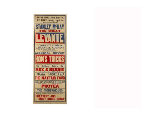The Great Levante Magic Poster c' late 1930's Levante's touring show "How's Tricks" at the Shire Hall &amp; later at the De L