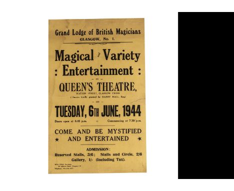 Scottish Magic Poster 1944 The Grand Lodge Of British Magicians with an evening of Magic &amp; Variety at the Queen's Theatre
