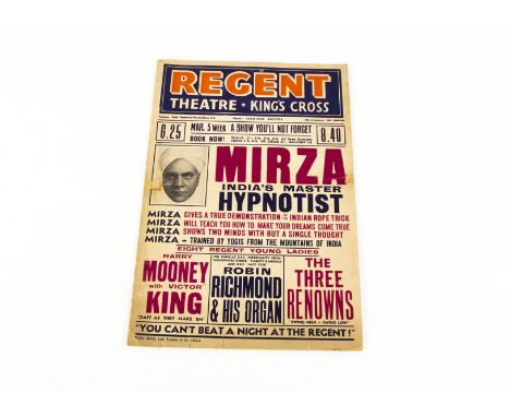 Mirza King's Cross Magic Poster c' 1950's Mirza billed as "India's Master Hypnotist" at the Regent Theatre King's Cross &amp;