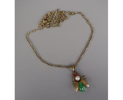 Gold, ruby, pearl and jade bee pendant on gold chain