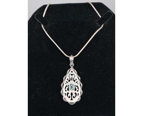 Silver mother of pearl aquamarine set pendant on silver chain 