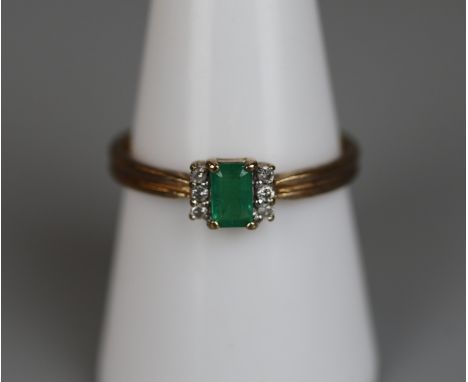 Gold emerald and diamond set ring - Size Q 