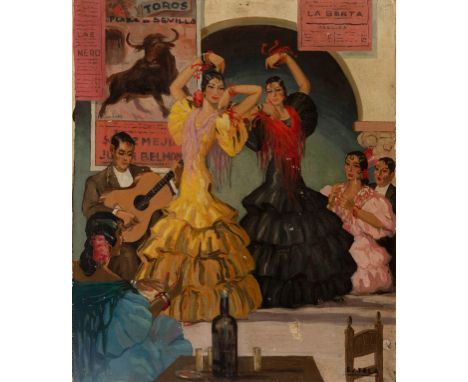 Spanish school, ca. 1900."Flamenco Tablao in Seville".Oil on canvas.Signed "G. Tela" in the lower right cornerSome lack of pa