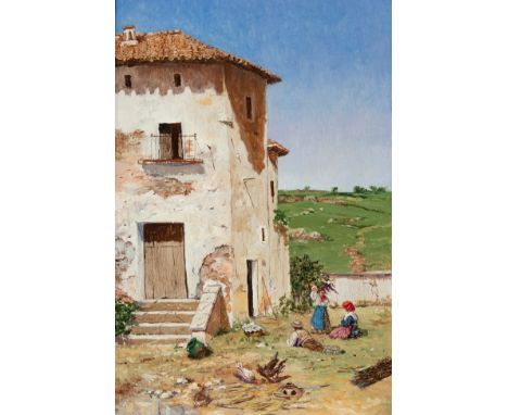 Italian school of the 19th century."Rural scene with figures".Oil on panel.With illegible signature in the central right part