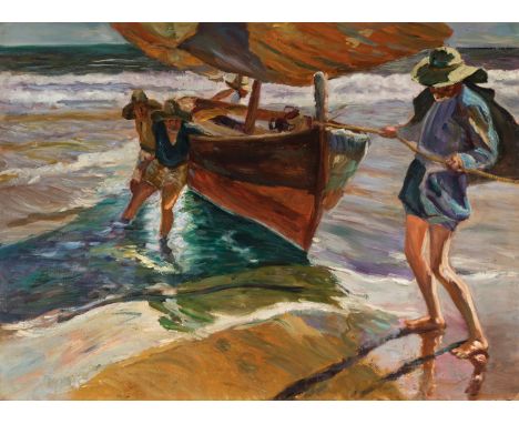 Follower of Sorolla. Valencian luminarist school, ca.1935."Boat and fishermen on the beach".Oil on canvas.The canvas has old 