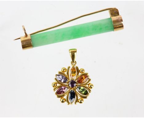 Mulit-gem pendant and jade bar brooch, the pendant set with blue, purple, yellow, green stones in a flower design, mounted in