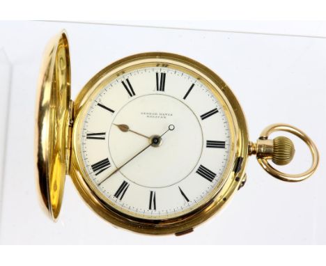 A gold hunter pocket watch. the white enamel dial signed George Davis Halifax, roman numeral hour markers within a railway mi