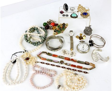 A collection of costume jewellery including, a Louis Féraud enamel brooch, a selection of pearls and faux pearls, a yellow me