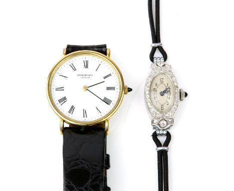 A ladies platinum and diamond set cocktail watch, the oval case set with two diamonds, steel breguet hands, the unsigned dial