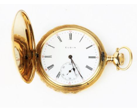 Elgin, a full hunter gold pocket watch, the case embossed with stags head and foliate reserve, the signed enamel dial with Ro