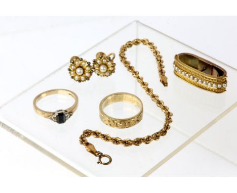 Collection of gold jewellery, including a rope link bracelet, length 18cm, a sapphire and diamond ring, size O, and a band ri