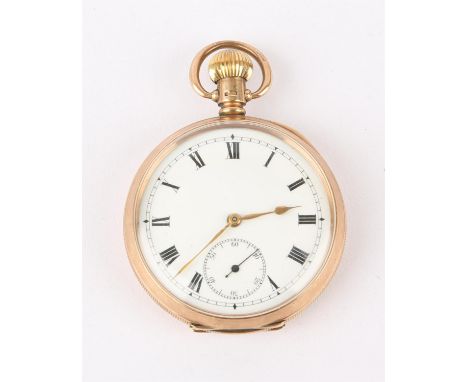 Moeris, An open face gold pocket watch with unsigned white enamel dial,Roman numeral hour markers within a railway minute tra