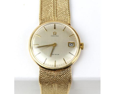 Omega A Gentleman's Geneve gold wristwatch the silvered signed dial with baton hour markers, centre seconds hand, date at thr
