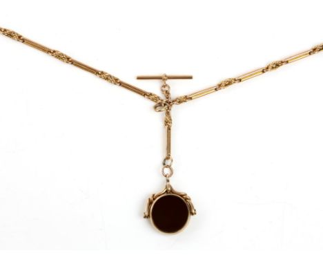 An Albert chain in 9ct gold, with a T-bar attachment, suspending a bloodstone and carnelian swivel fobCondition Report:  Gros