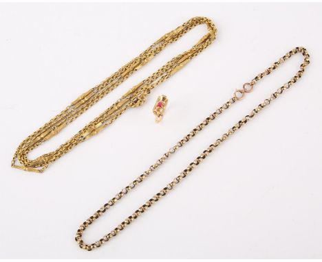 A fancy link guard chain, with fancy links separated by sections of belcher link chain, with a base metal swivel clasp, a bro
