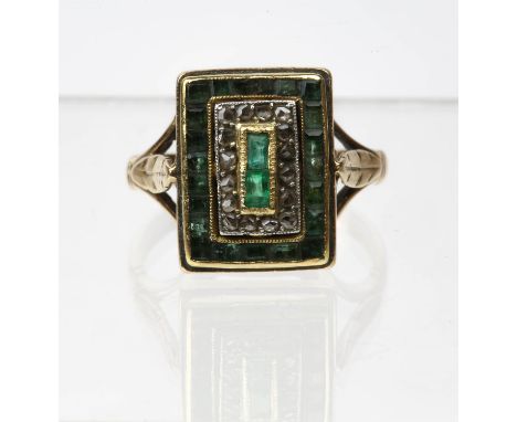 Emerald and diamond ring, rectangular shaped ring with alternating calibur cut emeralds and rose cut diamonds, set in 9ct rin