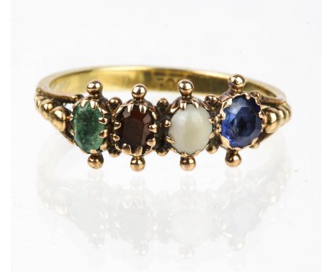 A gem set ring, set with an emerald, opal, garnet and sapphire, in stamped 18ct, size PCondition Report:  Gross weight 2.35 g