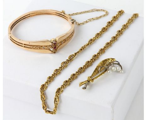 Selection of gold items, including a fancy link chain, length 45.5cm, a hinged bangle set with rubies and seed pearls, one ru