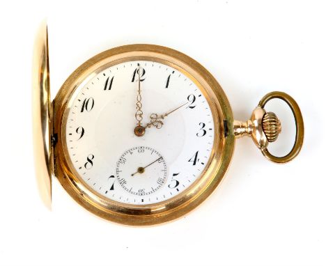 A Gold full hunter pocket watch the unsigned white enamel dial with Arabic numeral hour markers, subsidiary seconds dial, fit