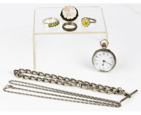 Misc silver items, including a stamped silver pocket watch, a stamped five stone ring, a tested cluster ring, a stamped twist