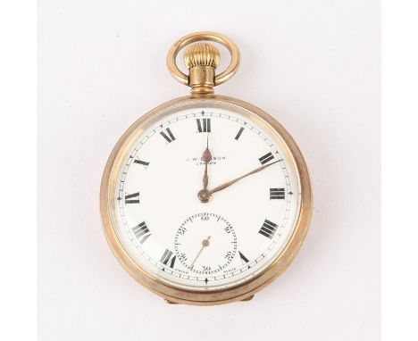 J W Benson a Gold open face pocket watch the signed white enamel dial with Roman numeral hour markers within a railway minute