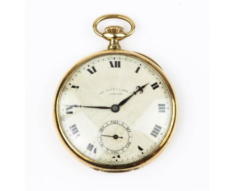 Signed Alex Clark Co open face pocket watch with a signed Rolex 15 jewels movement, stamped 9ct case, white enamel face with 