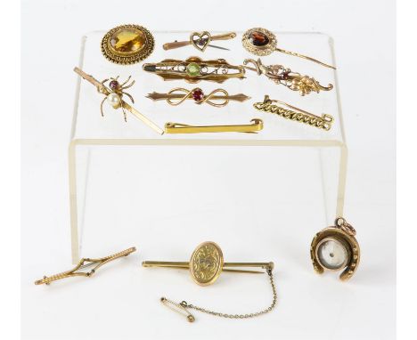 Collection of nine bar brooches, including a pearl and garnet spider, a horseshoe pendant. and a garnet and diamond stick pin
