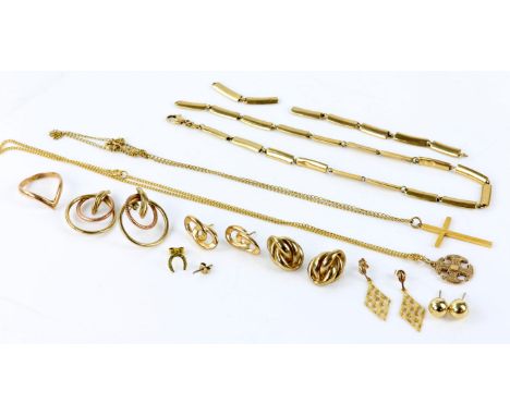 Selection of gold jewellery, including five pairs of earrings, one earring with post broken off, a wishbone ring, two cross p