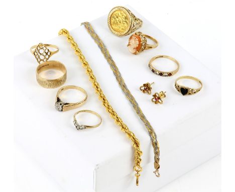 A selection of 9ct gold jewellery including two bracelets, a pair of ruby earrings, a half sovereign ring, dated 1982, in a 9