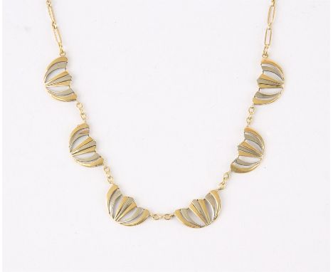 Bicolour 18ct elongated cable chain necklace in Art Deco style stamped with the French eagle hallmark for 18ct, 42cm longCond
