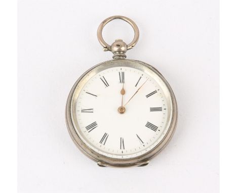 An open faced silver pocket watch, enamel dial with Roman numeral hour markers, railway minute track, key wound movement, 35m