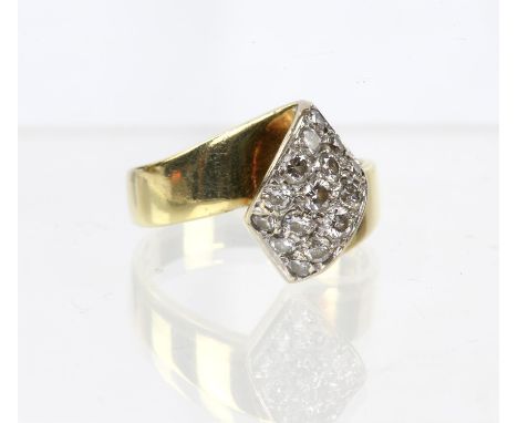 Diamond cluster ring, fifteen round brilliant cut diamonds mounted in a diamond shape, in stamped 14ct yellow gold, ring size