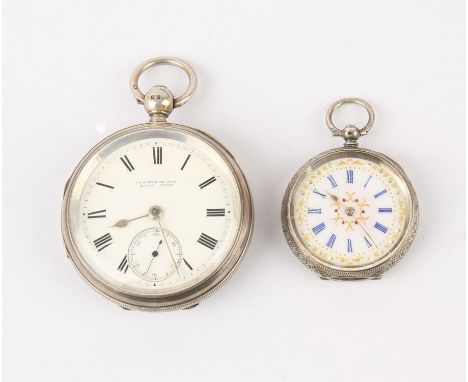 A open face silver pocket watch, signed Cawson & Son enamel dial with Roman numeral hour markers, railway minute track and a 
