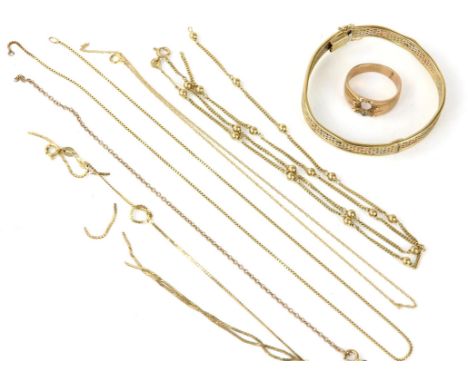 Selection of gold jewellery, including a tri-colour woven bangle, and three broken chains, all in 9ct gold, a ring with no st