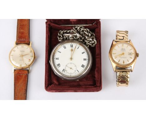 Two wristwatches and a pocket watch, including an Oris wristwatch, a gentleman's gold plated wristwatch with baton hour marke