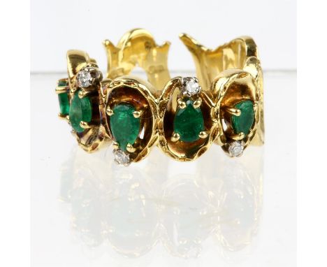 Emerald and diamond ring, five pear shaped emeralds, with five small round brilliant cut diamonds, mounted in a horseshoe des