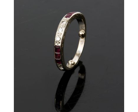 Ruby and diamond half eternity ring, round brilliant diamonds and caliber cut rubies set in hallmarked 18ct, ring size J with