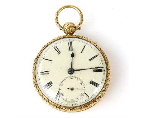 A  gold open face pocket watch, the unsigned white enamel dial with Roman numeral hour markers, subsidiary seconds dial, fitt