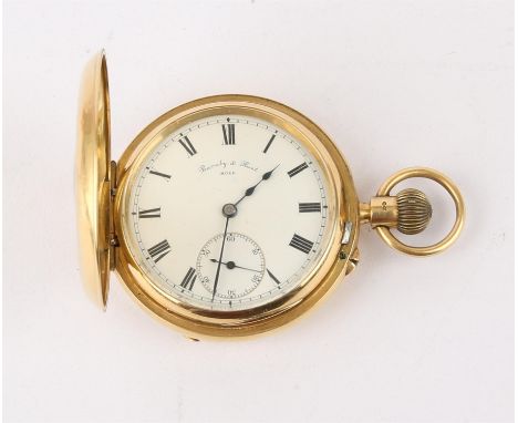 Gold half hunter pocket watch, signed white enamel dial Barnby and Rust, Roman numeral hour markers, railway minute track, su