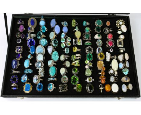 Large selection of mainly silver and gem set rings, including turquoise, topaz, citrine and shell, including some costume rin