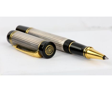 Parker Duofold roller ball pen with silver fluted barrel and cap, gold ring, and clip to cap, with box and outer card boxCond